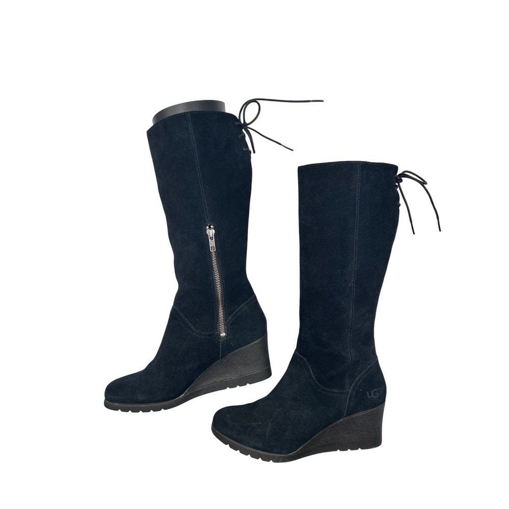 UGG Suede Tall Wedge Boots Women 8 Black Excellent‎ Waterproof Lace-Up Zip